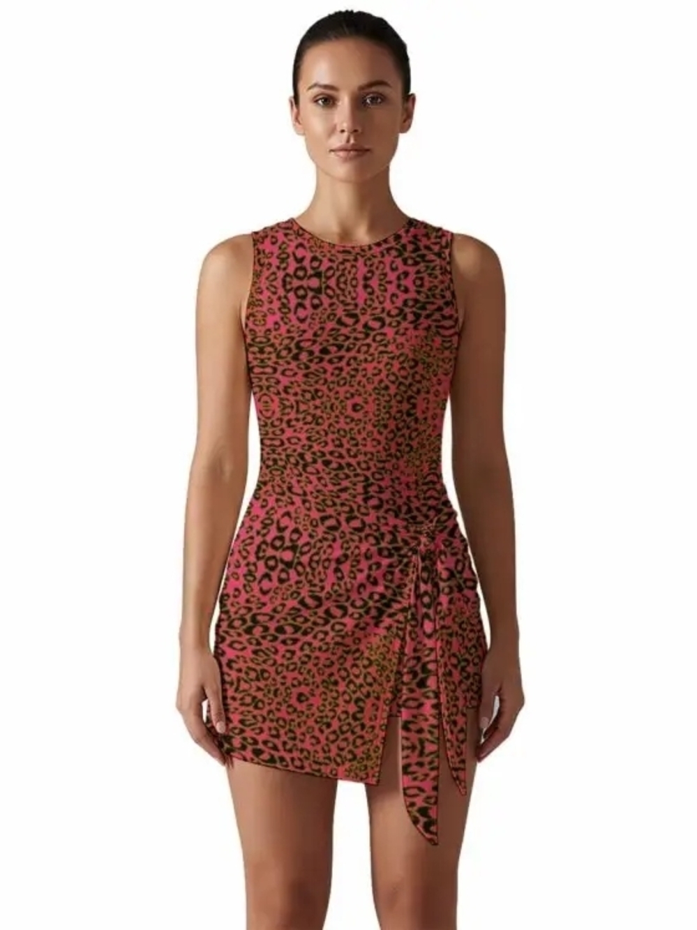 Sleeveless Pink Leopard-Print Tie-Waist Mini Dress